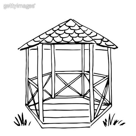 Summer Garden Gazebo Grass Wooden Construction Simple Black Outline