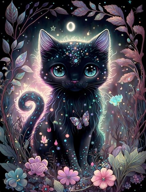 A Black Cat With Blue Eyes Sits In A Field Of Flowers Premium AI