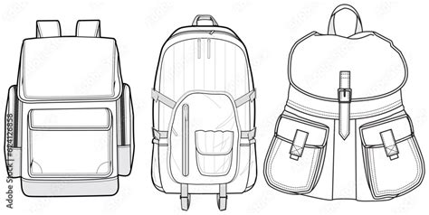 Set Of Rucksack Backpack Bag Flat Sketch Fashion Illustration Drawing