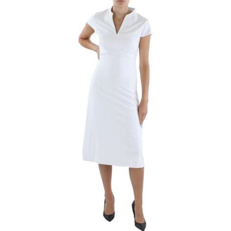 Calvin Klein Womens White Cap Sleeve Split Neck Work Midi Dress Bhfo