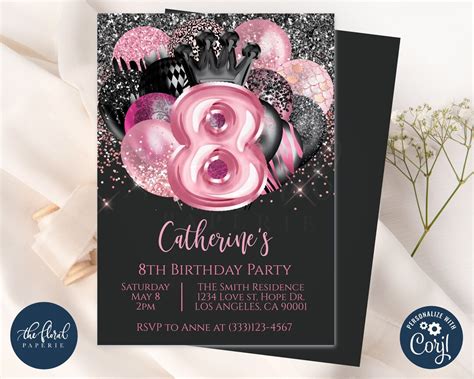 8th Birthday Invitation Template Editable Black And Pink Etsy