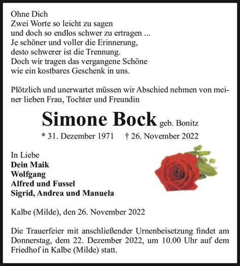 Traueranzeigen Von Simone Bock Geb Bonitz Abschied Nehmen De