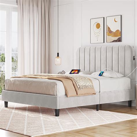 Topeakmart Queen Velvet Upholstered Platform Bed Frame With