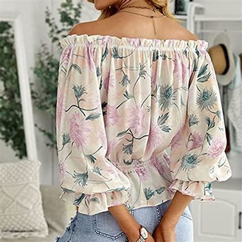 Damen Off Shoulder Bluse Schulterfrei Tops Blumen Muster Oberteile Puffärmel Casual Lose Tunika