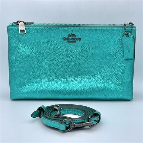 Rare Coach Metallic Sea Green Double Zip Lyla Leather Crossbody Bag