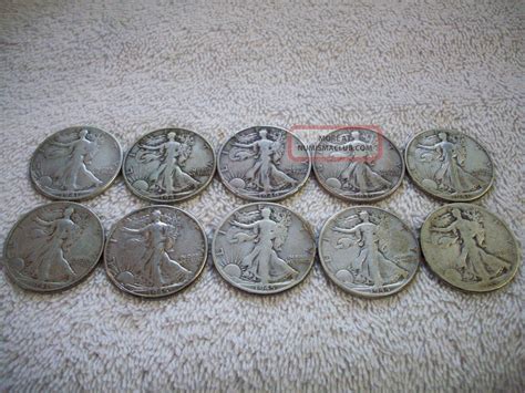 10 Circulated Liberty Walking 90 Silver Half Dollars Various Dates