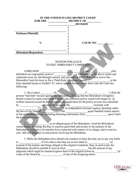 Motion For Leave To File Third Party Complaint Party Complaint Form