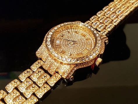 Men Hip Hop Iced Out Gold Tone Bling Simulated Diamond Rapper Watch Wish