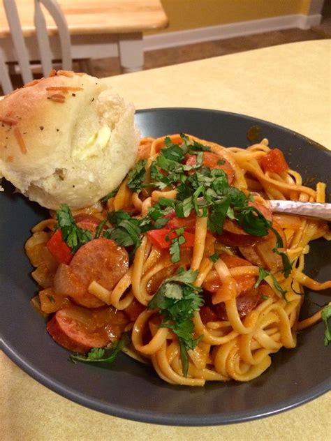 Jambalaya pasta with smoked sausage and shrimp. : food