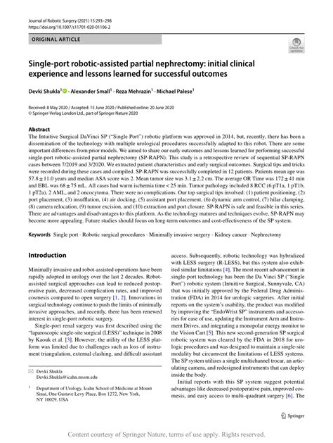 Single Port Robotic Assisted Partial Nephrectomy Initial Clinical