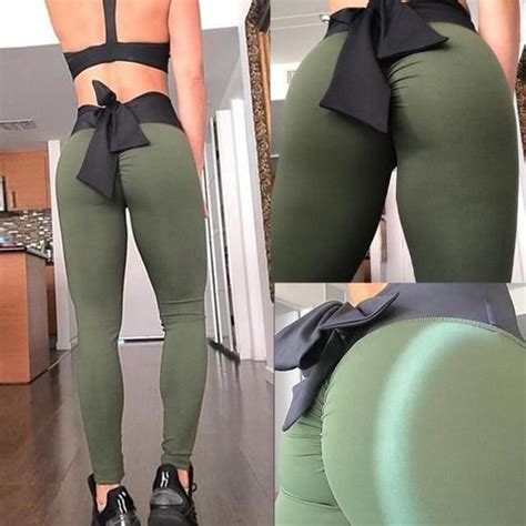 Cute Women Sport Leggings Yoga Pants Black High Waist Elastic Bow Tie