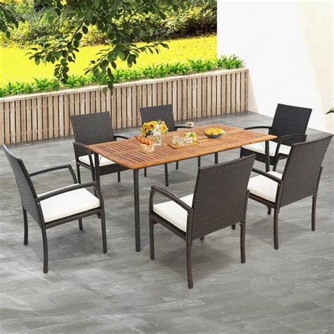 Patio Acacia Wood Dining Table Umbrella Hole Rectangular Table Sale