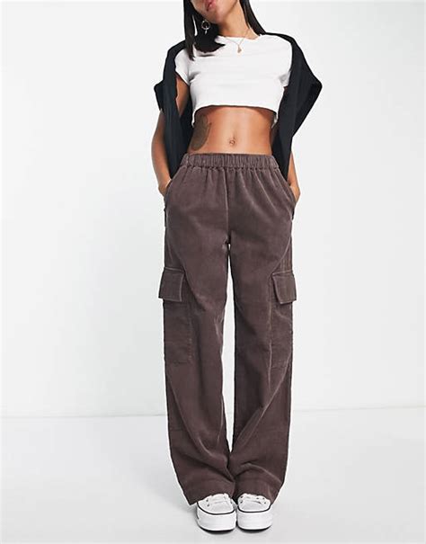 Asos Design Pull On Cord Wide Leg Trouser With Patch Pockets In Brown