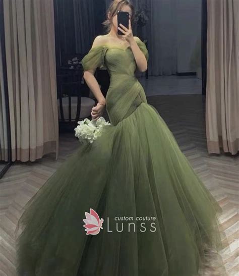 Asymmetrical Pleated Olive Green Tulle Trumpet Prom Gown Lunss