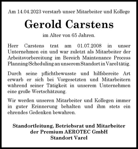 Traueranzeigen Von Gerold Carstens Nordwest Trauer De