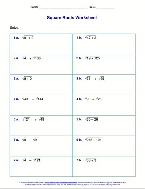 Square Root Practice Sheets