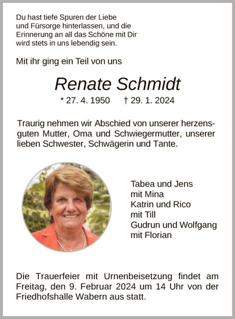 Traueranzeigen Von Renate Schmidt Trauer HNA De