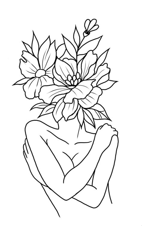 Woman and flowers tattoo stencil Tatuagem atrás do braço Desenho