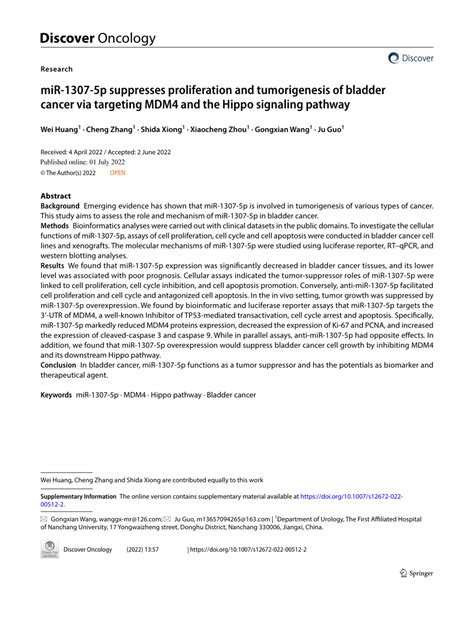 PDF MiR 1307 5p Suppresses Proliferation And Tumorigenesis Of Bladder