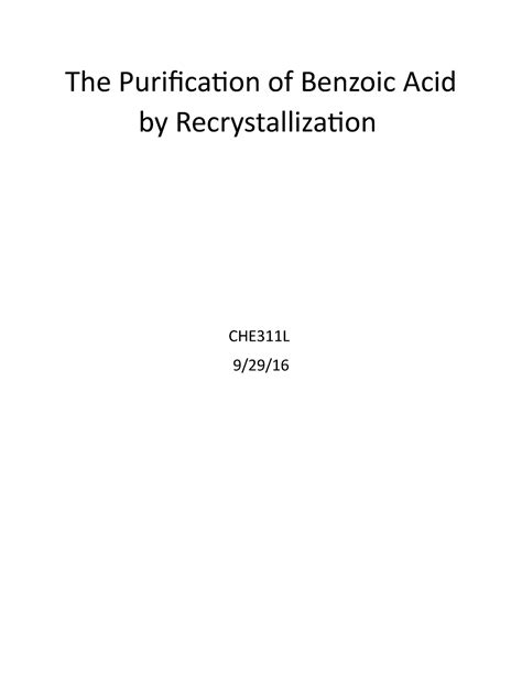 Recrystallization Purification Of Benzoic Acid Che L The