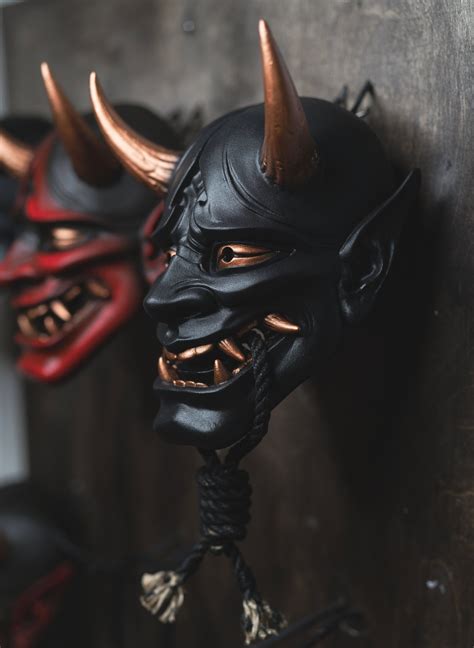 Black Hannya Oniclay With Gold Details Etsy Japanese Demon Mask