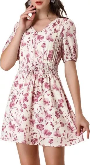 Allegra K Allegra K Womens Floral V Neck Puff Short Sleeve Dress Smocked Tie Summer Dresses