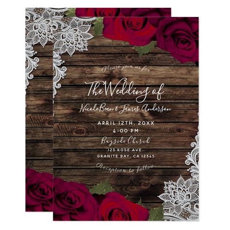 Deep Red Floral Roses Rustic Wood Lace Wedding Invitation Zazzle