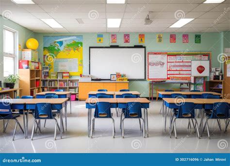 Interior Of A School Classroom With Desks And Chairs In A Primary School Back To School Concept