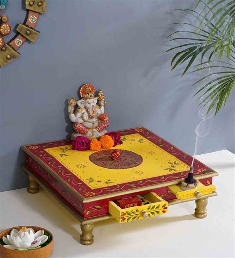 Buy Yellow Mdf Sheesham Wooden Pooja Chowki With Drawer By D Dass At