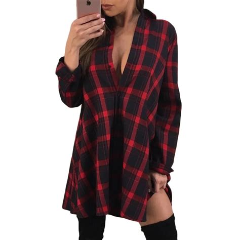 High Quality Spring 2018 Fashion Women Shirts Streetwear Long Sleeve Red Plaid Womens Tops And