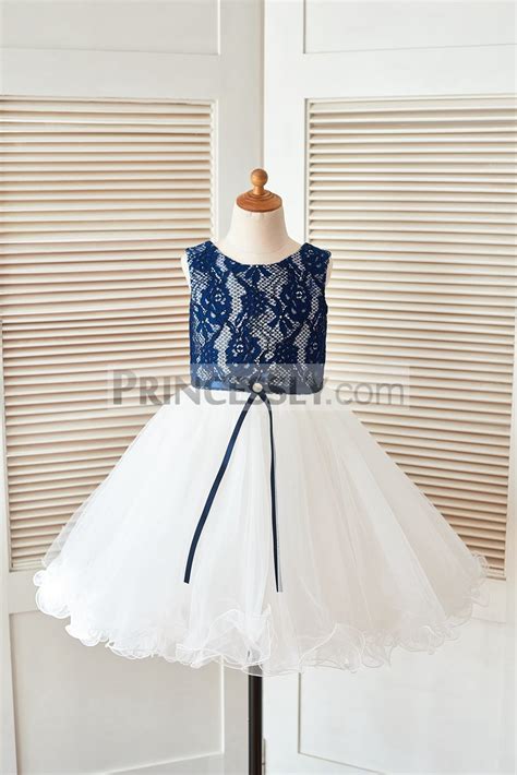 Navy Blue Lace Ivory Tulle Wedding Flower Girl Dress With Curly Hem