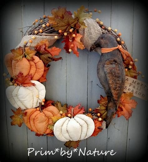 Primitive Fall Autumn Crow Wreath With Orange And White Pumpkins Ghirlande