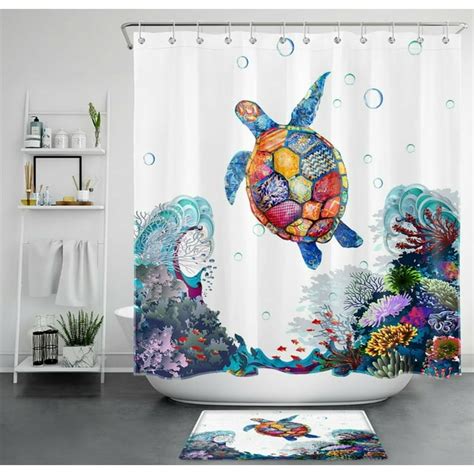 Inpercust Tropical Seabed Watercolor Sea Turtle Shower Curtain For A