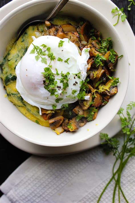 Poached Egg Bowl With Spinach Polenta Crispy Mushrooms Happy Hearted Kitchen