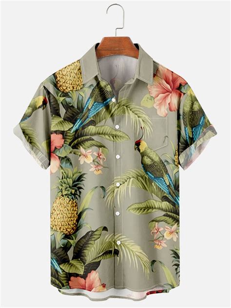 Mens Parrots Tropical Print Lapel Casual Loose Short Sleeve Hawaiian