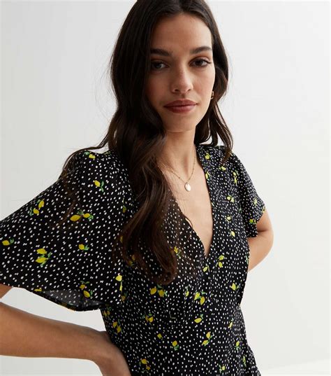 Black Lemon Spot Puff Sleeve Mini Dress New Look