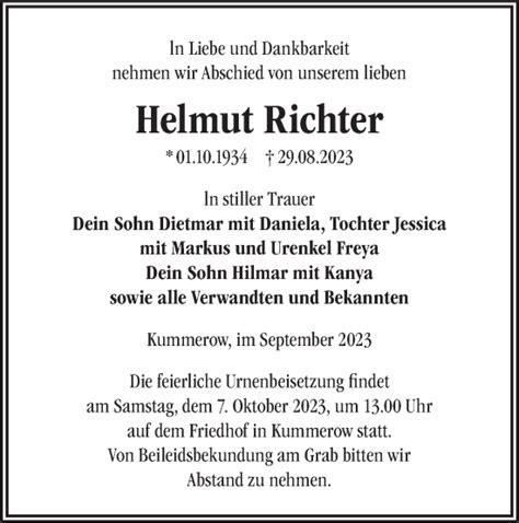 Traueranzeigen von Helmut Richter Märkische Onlinezeitung Trauerportal