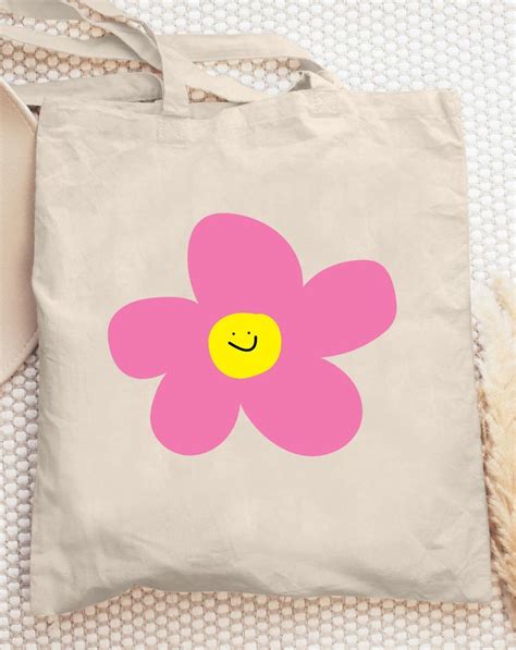 Floral Smiley Face Tote Bag Cute Trendy Groovy Flower Minimal Eco