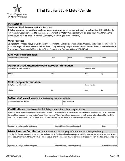 Form Vtr Bill Of Sale For A Junk Motor Vehicle Forms Docs