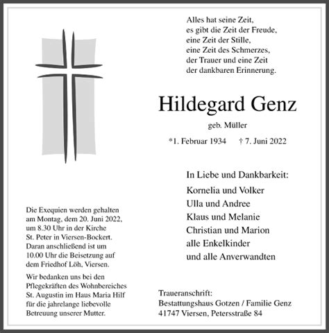 Traueranzeigen Von Hildegard Genz Trauer Und Gedenken