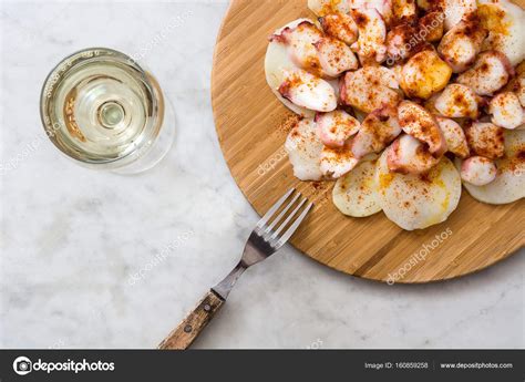 Pulpo A La Gallega Galician Octopus On White Marble Typical Spanish