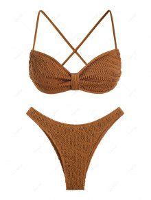 Recycled Fabric Crinkle Textured Criss Cross Cheeky Bikini Set In