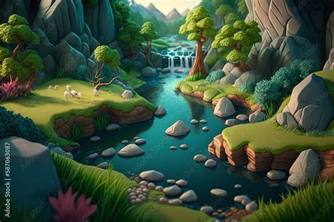 Cartoon Illustration Hyper Realistic Landscape River Trees Stones And Sand Generative Ai