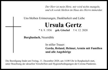 Traueranzeigen Von Ursula Gertz Trauer Flz De