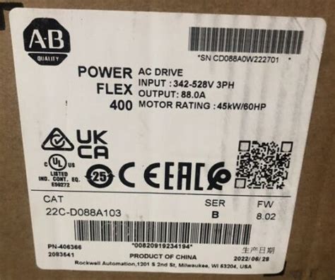 NEW 22C D088A103 Allen Bradley PowerFlex 400 45 KW 60 HP AC Drive FREE