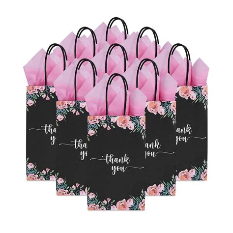 Pack Small Black Floral Thank You Paper Gift Bags With Handles And