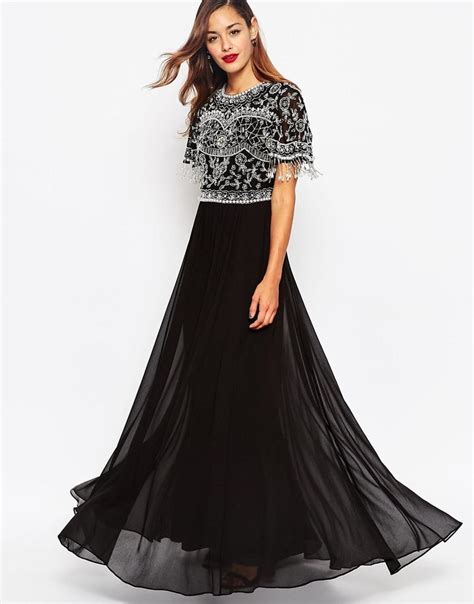 Asos Beautiful Embellished Maxi Dress With Sequin Fringe Sleeves Uk 6