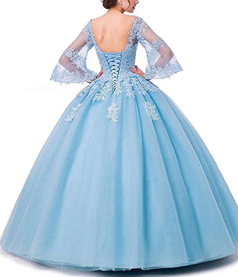 Lace Appliques Quinceanera Dresses Ball Gown Long Sleeves Tulle Prom Dress