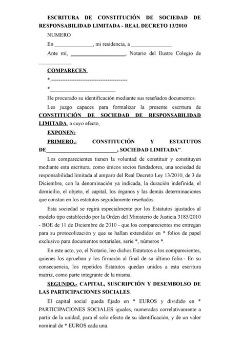 El Modelo De Escritura Para Constituir Una Sociedad Limitada Gu A