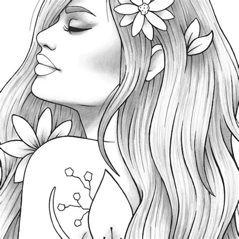 Adult Coloring Page Fantasy Floral Girl Portrait Etsy Israel